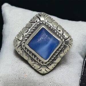 Mexican Etched Blue Gemstone Solitaire Sterling Silver 925 Band Ring, size 6.25